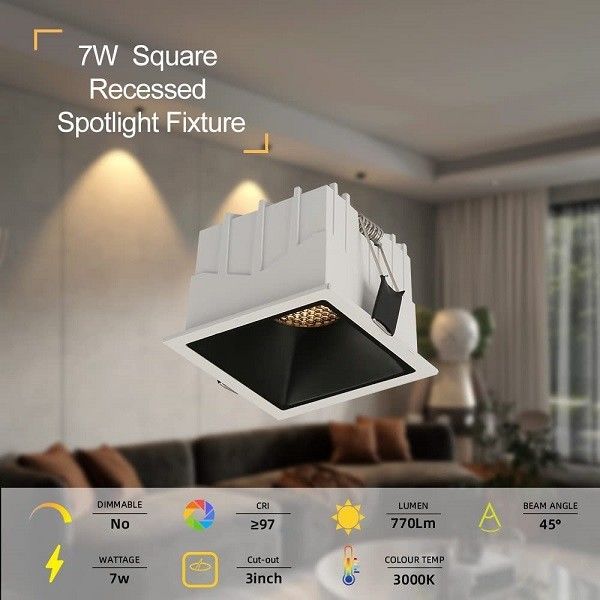 Warm White Canless Square LED Spotlight 7W anti glare 3 Inch Cob Type
